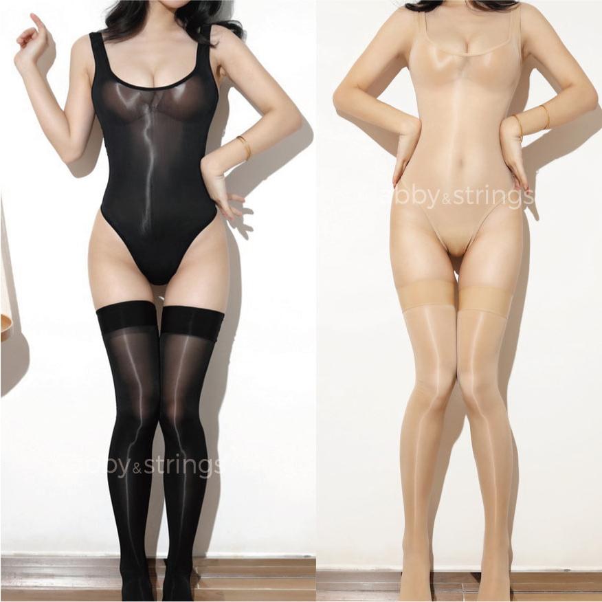 【午前購入 当日発送】【送料無料】8D高密度超光沢レオタード水着ニーハイストッキングセット（黒・肌）0403 | 