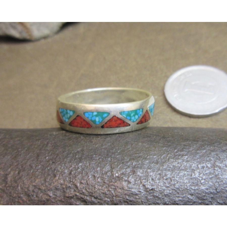 USA インディアンジュエリー Silver925 ズニ族 ターコイズリング,珊瑚