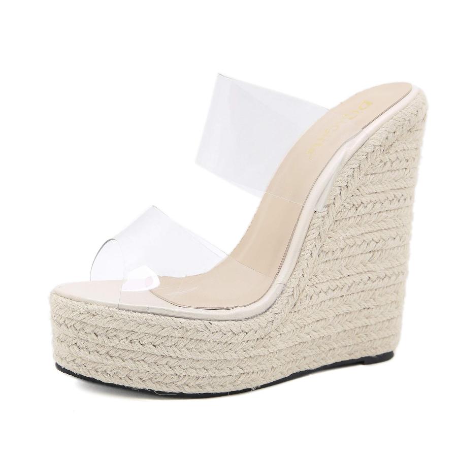 【並行輸入品】Women PVC Transparent Peep Toe Cane Straw Weave Wedge Espadrilleの画像