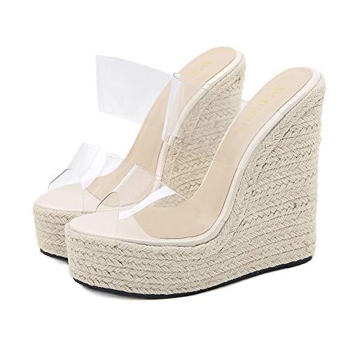 【並行輸入品】Women PVC Transparent Peep Toe Cane Straw Weave Wedge Espadrilleの画像