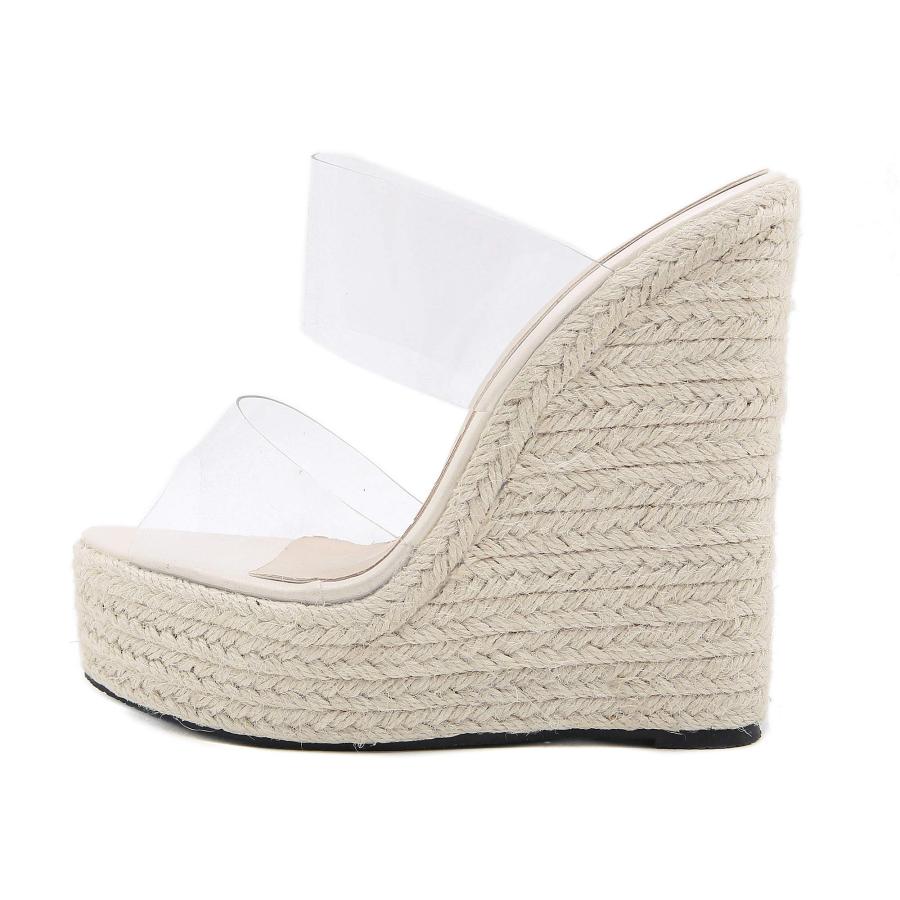 【並行輸入品】Women PVC Transparent Peep Toe Cane Straw Weave Wedge Espadrilleの画像