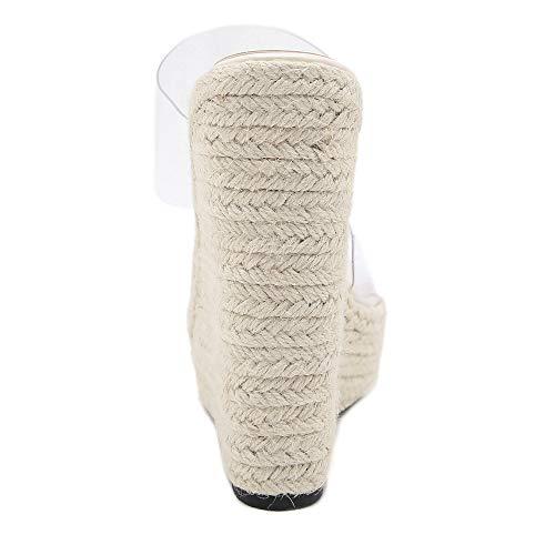 【並行輸入品】Women PVC Transparent Peep Toe Cane Straw Weave Wedge Espadrilleの画像