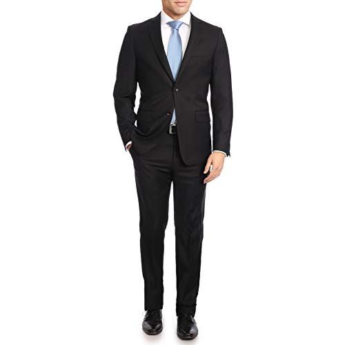 【並行輸入品】メンズクラシックフィットソリッドブラック2つボタンスーパー140のウールスーツ カラー: ブラック Men's 100% Woolの画像
