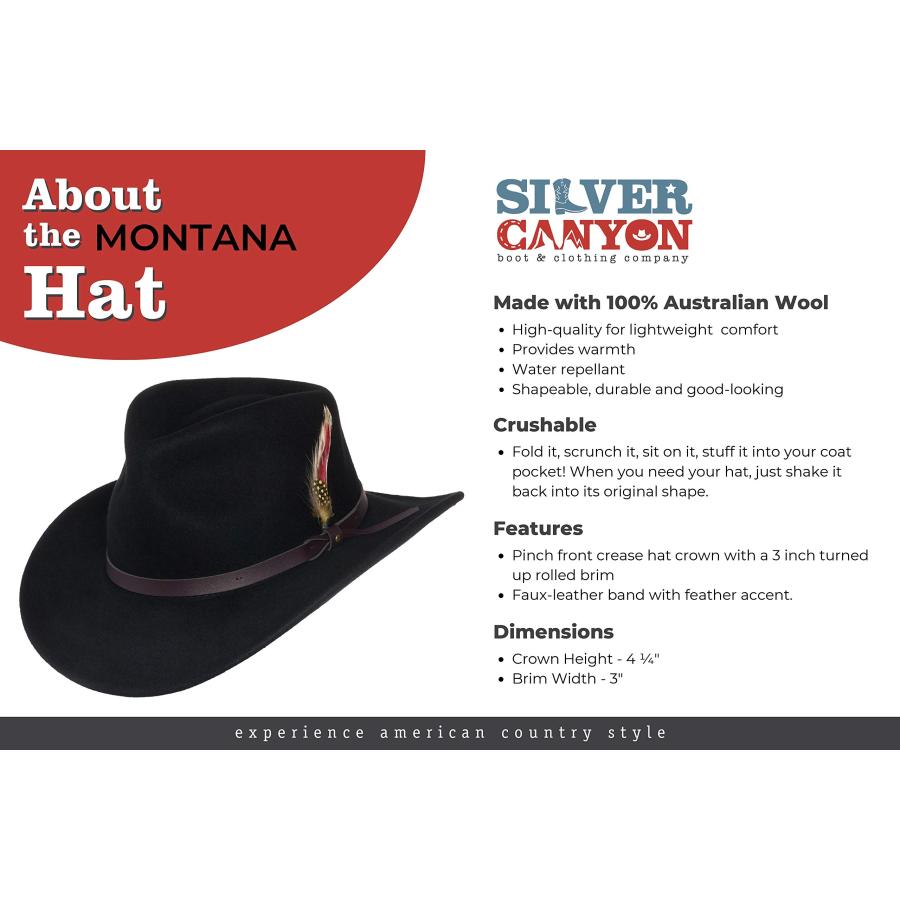 ウェスタンハット カウボーイハット ウール 硬めのフェルト ハット 並行輸入品】Silver Canyon モンタナ 押しつぶせるウールフェルト