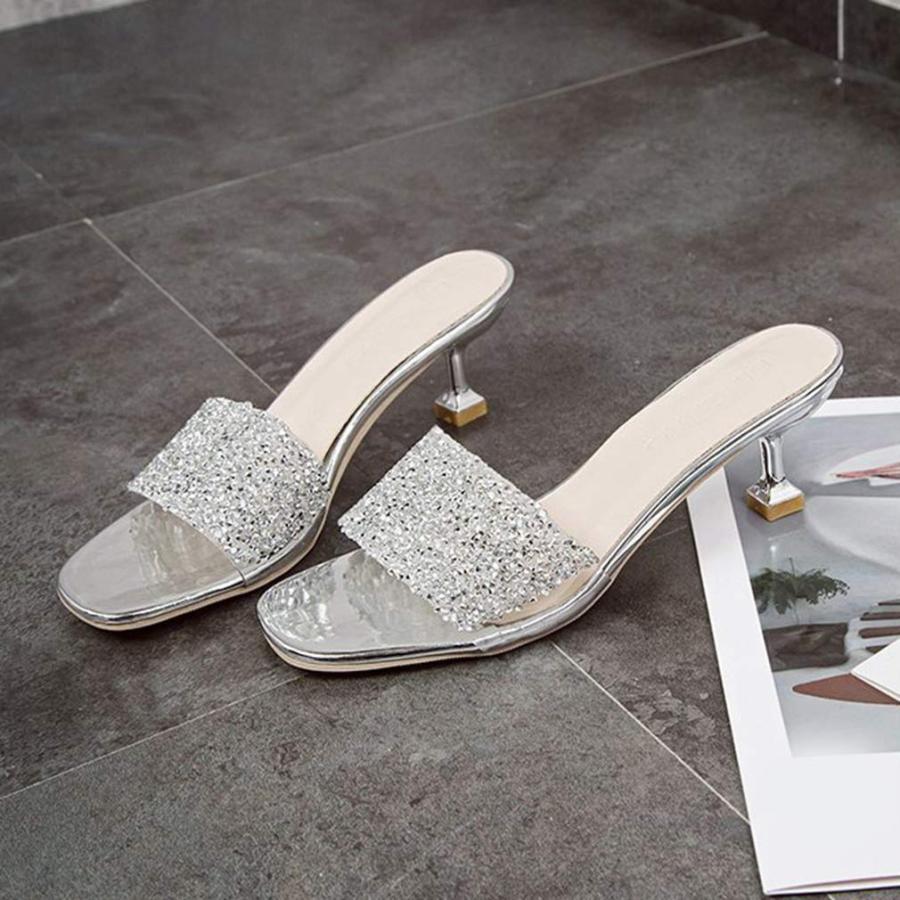 【並行輸入品】CYBLING Women's Slip on Peep Toe Slide Sandals Glitter Sequins Dの画像