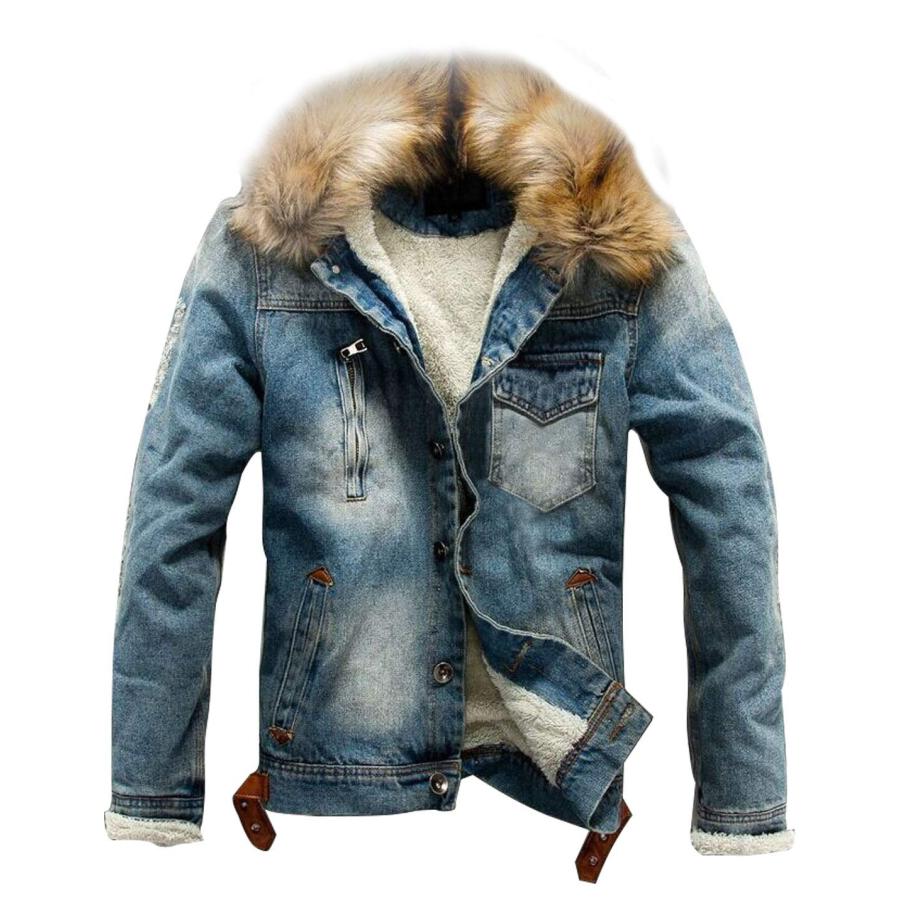 【並行輸入品】Omoone メンズ フェイクファーカラー シェルパフリース裏地 ダメージ加工デニム トラッカージャケット US サイズ: Med