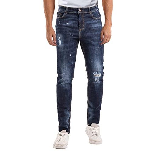 【並行輸入品】Mens Dark Blue Ripped Jeans Slim Fit Skinny Jeans Pants for Men_1
