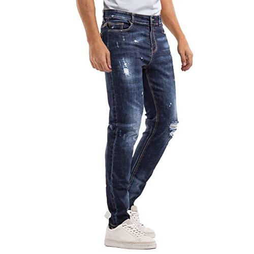 【並行輸入品】Mens Dark Blue Ripped Jeans Slim Fit Skinny Jeans Pants for Men_7