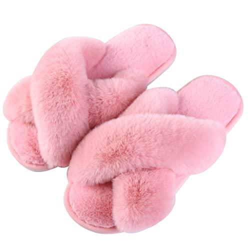 【並行輸入品】HIPRETTYUS Women's Cross Band Slippers， Soft Plush Faux Rabbit F_1