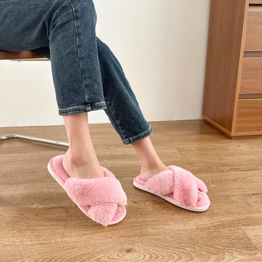 【並行輸入品】HIPRETTYUS Women's Cross Band Slippers， Soft Plush Faux Rabbit F_3