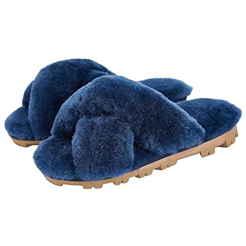 【並行輸入品】CLPP'LI Womens Cross Band Fluffy Fuzzette Slippers   Navy   9 |  | 01