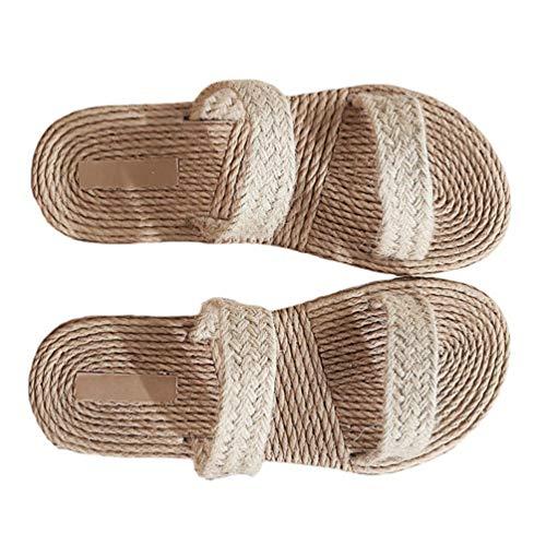 【並行輸入品】Beige Womens Straw Slide Sandals Slip on Flat Open Toe Double Baの画像