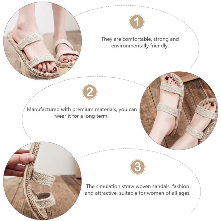 【並行輸入品】Beige Womens Straw Slide Sandals Slip on Flat Open Toe Double Baの画像