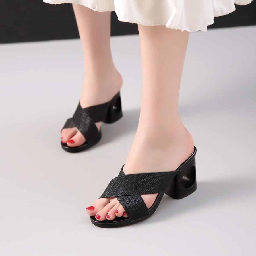 【並行輸入品】QSCQ Women's Peep Toe Summer Slide Sandals Cut Out Mid Block Heeの画像