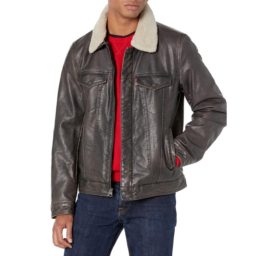並行輸入品】Levi's Men's Faux Leather Sherpa Trucker Jacket, Dark
