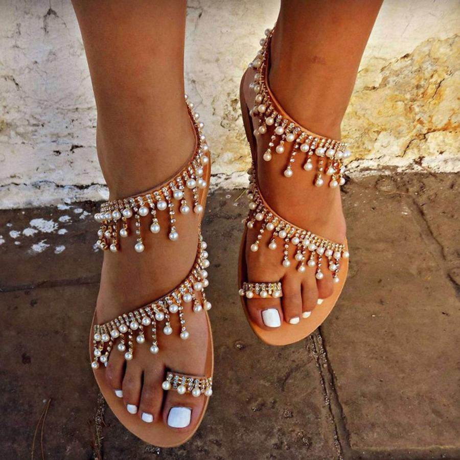 【並行輸入品】Fukasse Women Wedding Flat Sandals Fashion Rhinestones Pearl Lacの画像