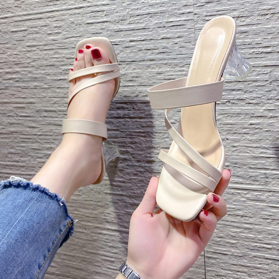 【並行輸入品】Women's Heeled Sandals Square Toe Slip on Slippers Transparent Cの画像