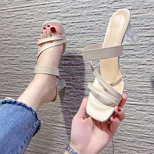 【並行輸入品】Women's Heeled Sandals Square Toe Slip on Slippers Transparent Cの画像
