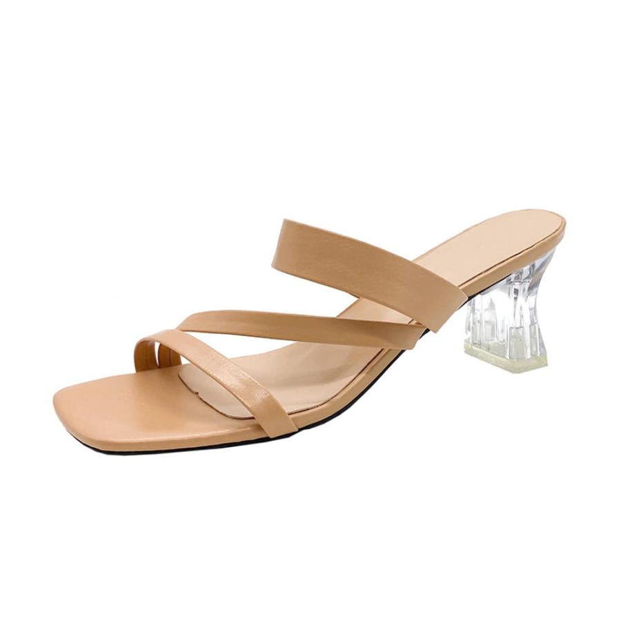 【並行輸入品】Women's Heeled Sandals Square Toe Slip on Slippers Transparent Cの画像
