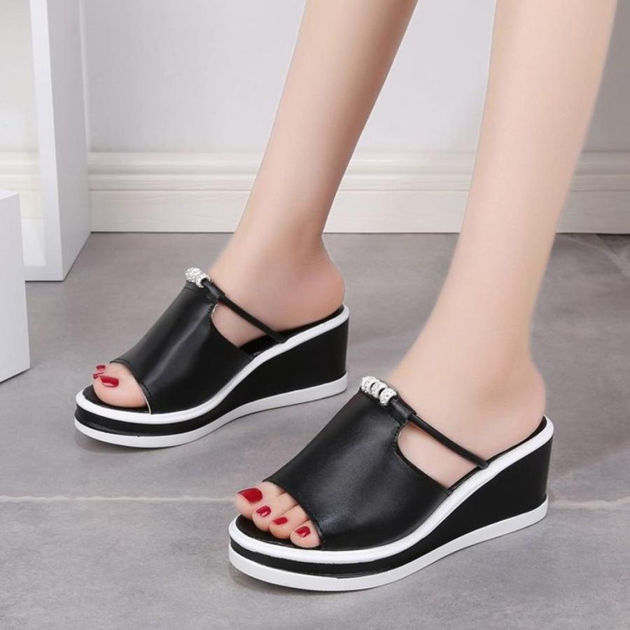 【並行輸入品】Women's Wedge Sandals Stylish Peep Toe Slip on Slippers Rhinestoの画像