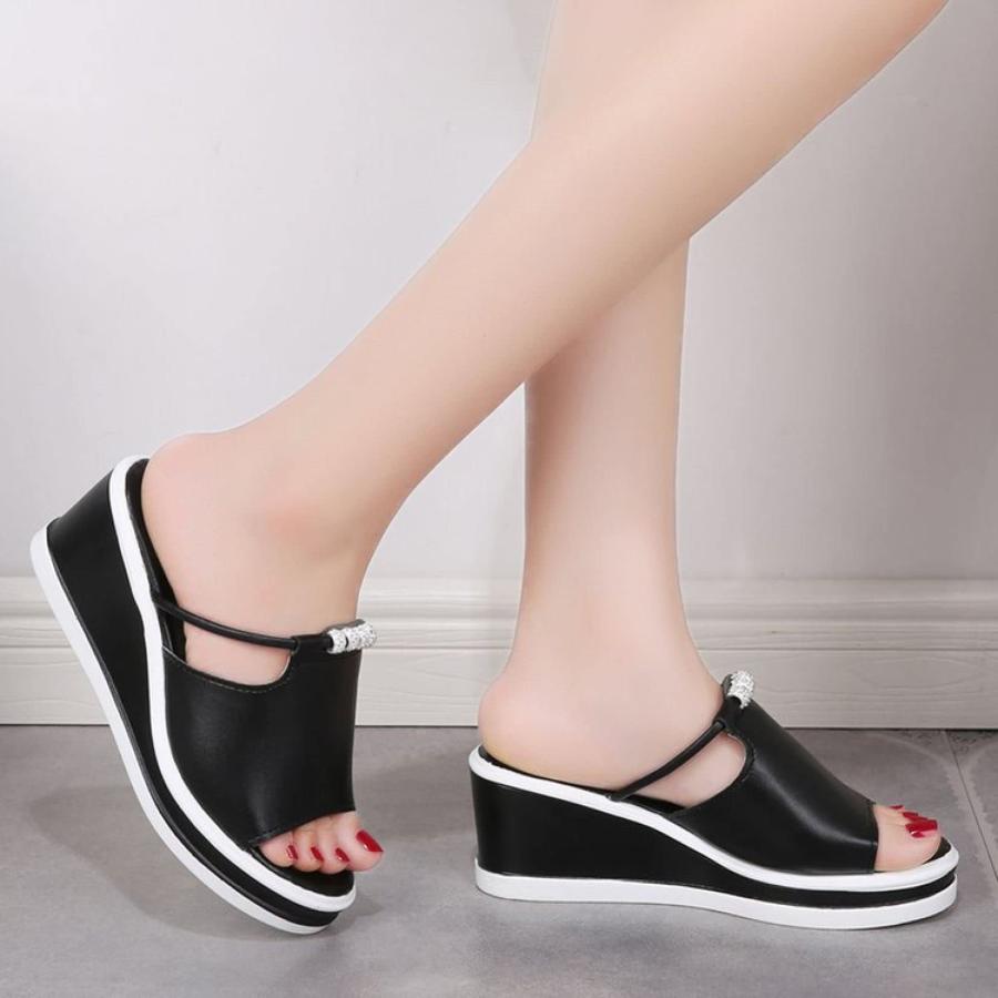 【並行輸入品】Women's Wedge Sandals Stylish Peep Toe Slip on Slippers Rhinestoの画像