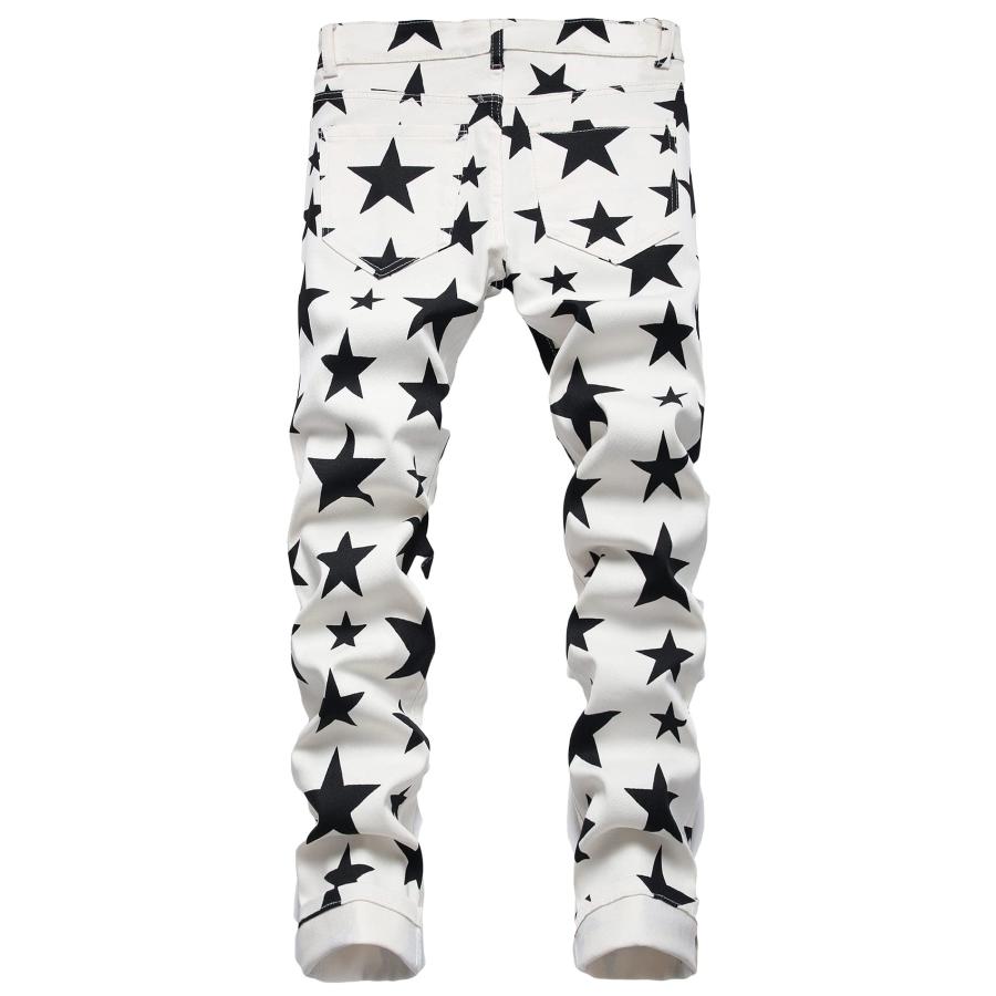 【並行輸入品】Men's Casual Star Printed Jeans Skinny White Denim Pants (5692 W_3