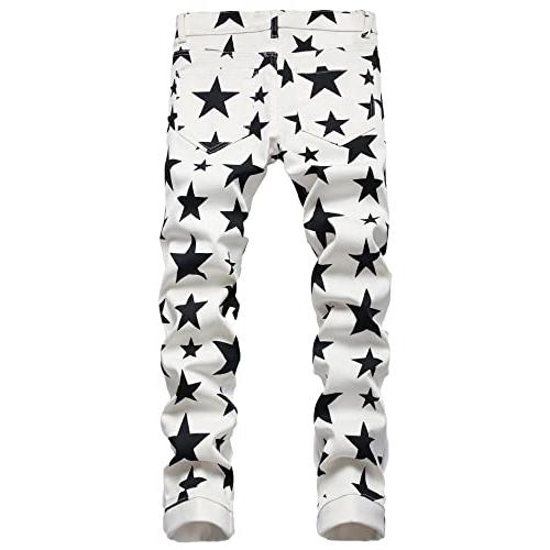 【並行輸入品】Men's Casual Star Printed Jeans Skinny White Denim Pants (5692 W_4