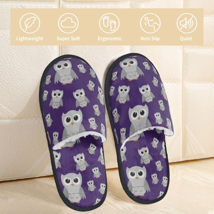 【並行輸入品】Indoor House Slippers Plush Warm Bedroom Shoes Gray Owls On Purpの画像