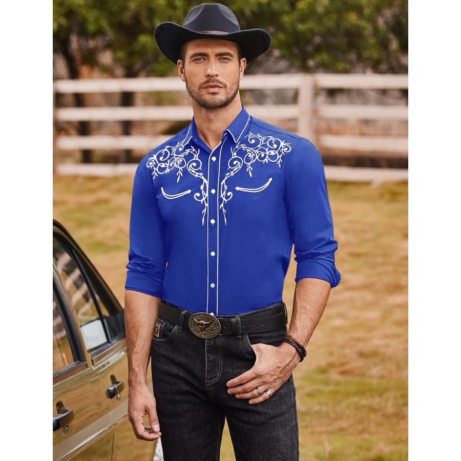 【並行輸入品】COOFANDY Men's Western Cowboy Embroidered Long Sleeve Button Dow_3