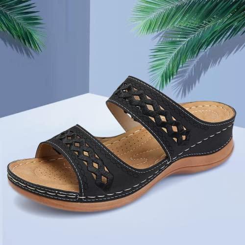 【並行輸入品】ZBYY Wedges for Women Slide Sandals Summer Leather Slipper Comfoの画像