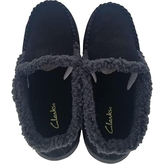 【並行輸入品】Clarks Indoor Outdoor Black House Slippers Suede Leather Sherpa L_6