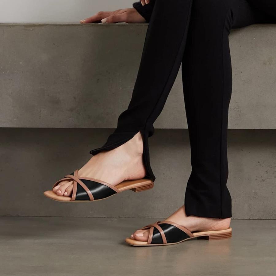 【並行輸入品】FOWT Women Open Square Toe Flat Sandals Chic Two Tone Crisscrossの画像