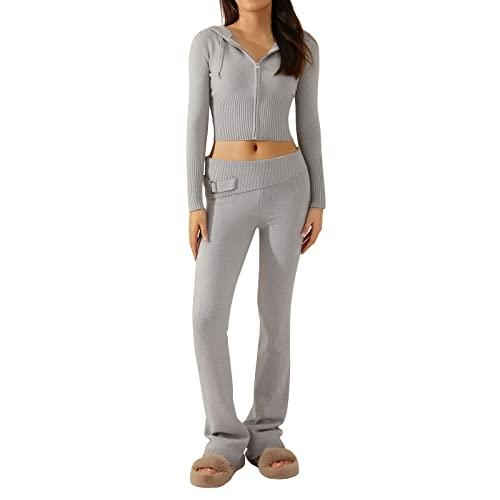 【並行輸入品】TRURENDI Women Fall Ribbed Knit 2 Piece Outfits Long Sleeve Zip
