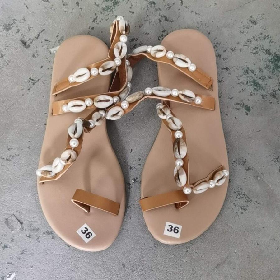 【並行輸入品】Casual Flip Sandals Flat Pearl Decorated Fashion Women's Flops W_9