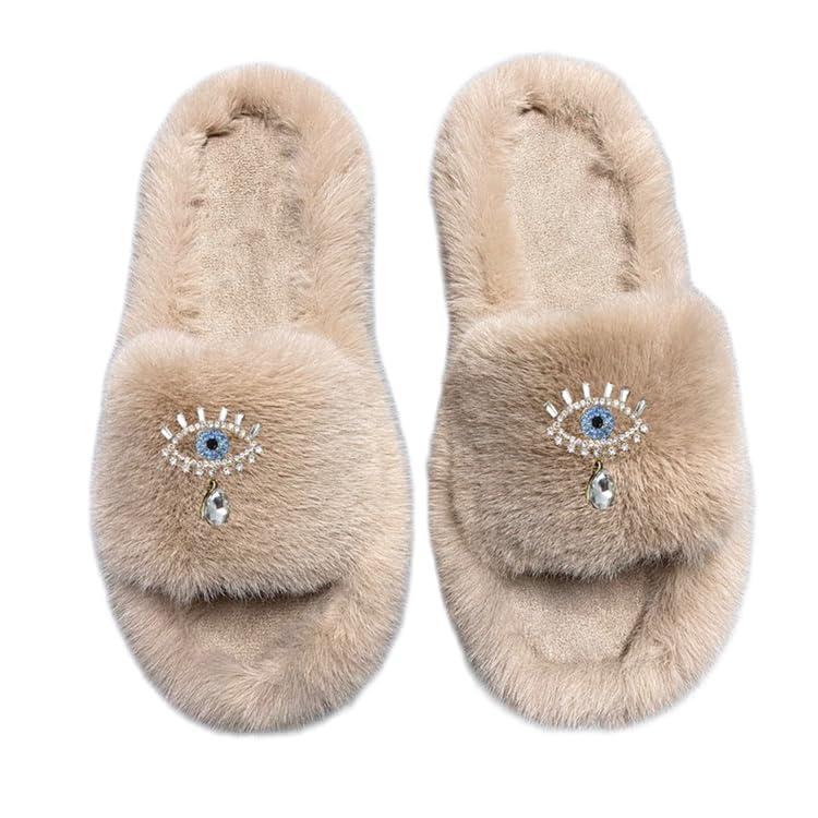 【並行輸入品】VAMPAR Fashion Khaki Designer Evil Eye Decor Women Slippers Furr_2