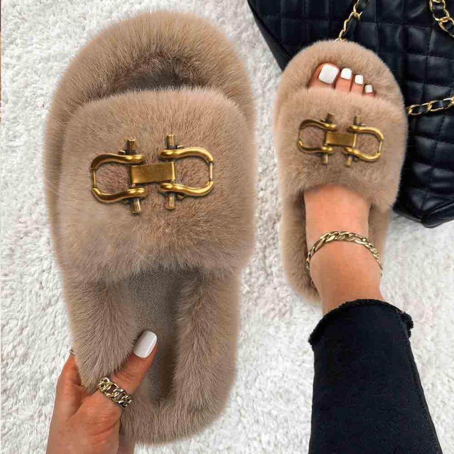 【並行輸入品】VAMPAR Fashion Khaki Designer Evil Eye Decor Women Slippers Furr_4