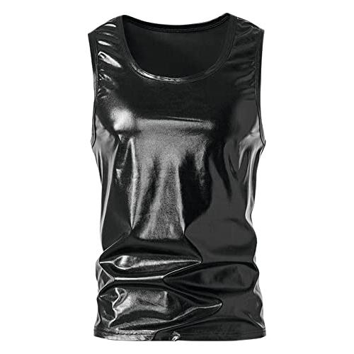 【並行輸入品】Lars Amadeus Black Metallic Tank Top for Men's Round Neck Shiny_1
