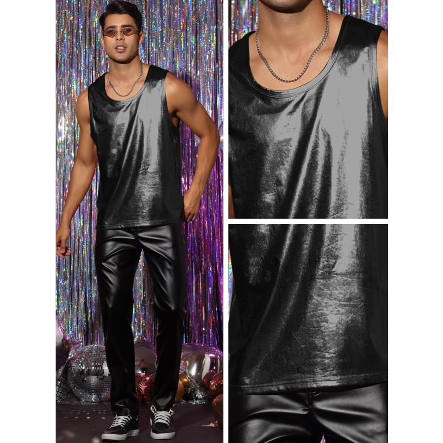 【並行輸入品】Lars Amadeus Black Metallic Tank Top for Men's Round Neck Shiny_9