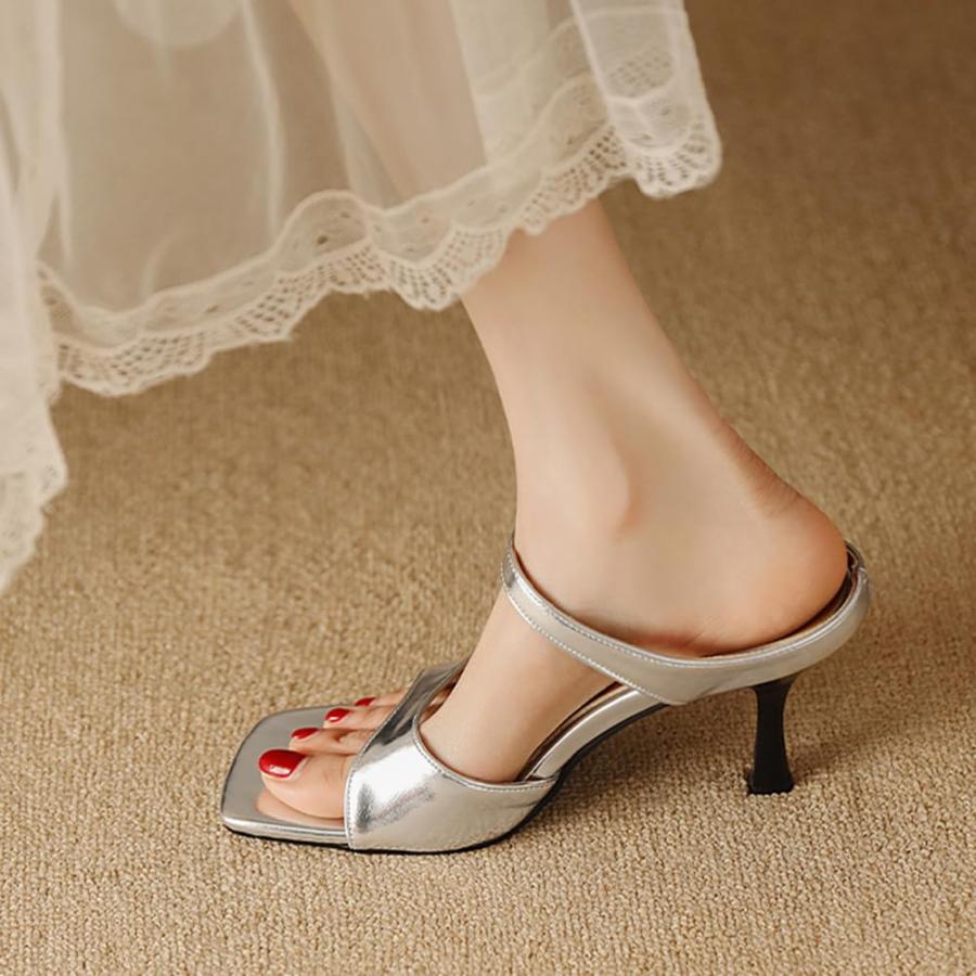 【並行輸入品】LIPIJIXI Fashion Kitten Heel Slides for Women Square Toe Metalliの画像