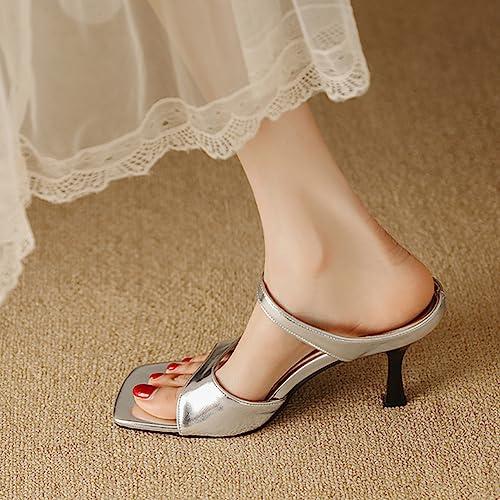【並行輸入品】LIPIJIXI Fashion Kitten Heel Slides for Women Square Toe Metalliの画像