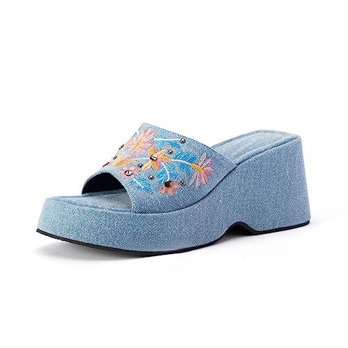 【並行輸入品】Crepuscute Women’s Embroidery Mesh Platform Wedge Slide Sandalsの画像