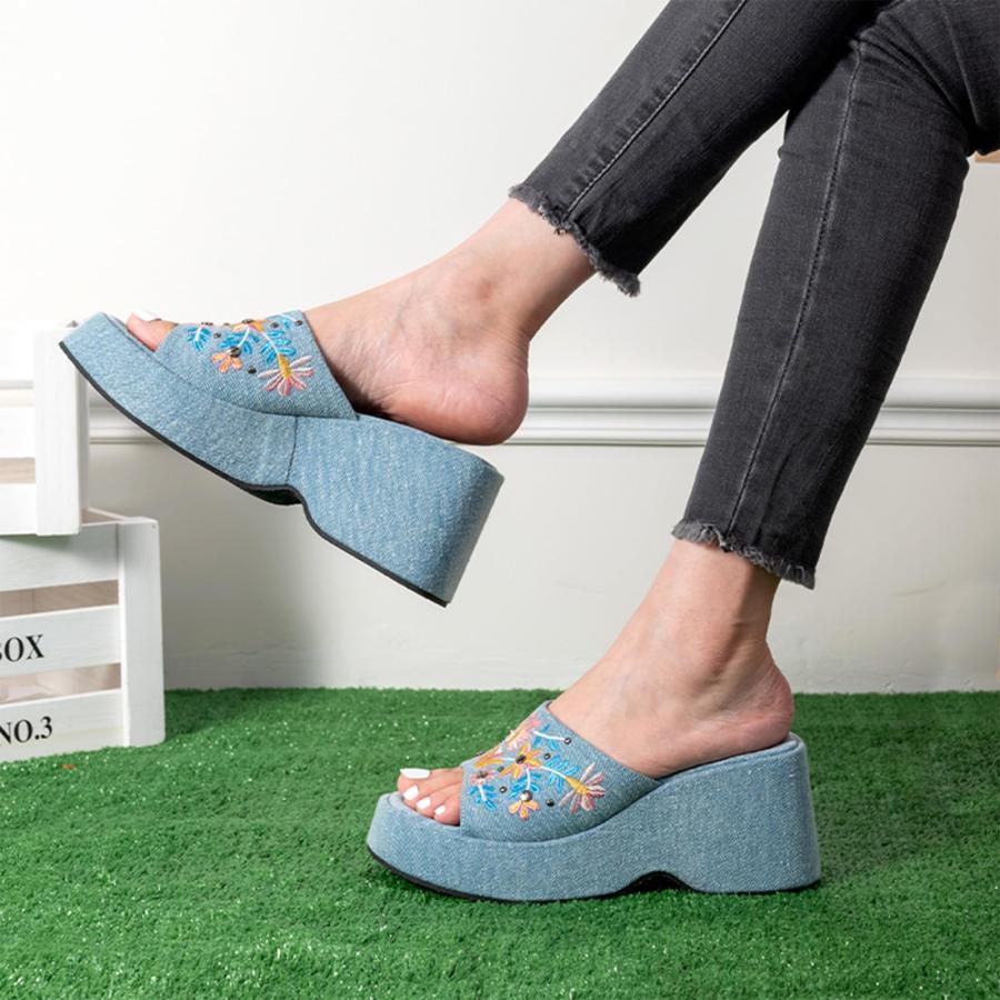 【並行輸入品】Crepuscute Women’s Embroidery Mesh Platform Wedge Slide Sandalsの画像
