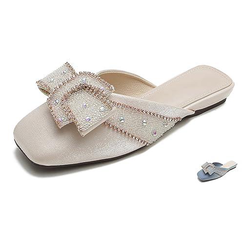 【並行輸入品】Women's Bow Rhinestone Sequins Satin Flat Mules Fashion Backlessの画像