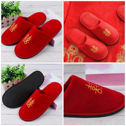 【並行輸入品】LOGOFUN Chinese Wedding Slippers Red Fuzzy Home Slippers Plush Sの画像