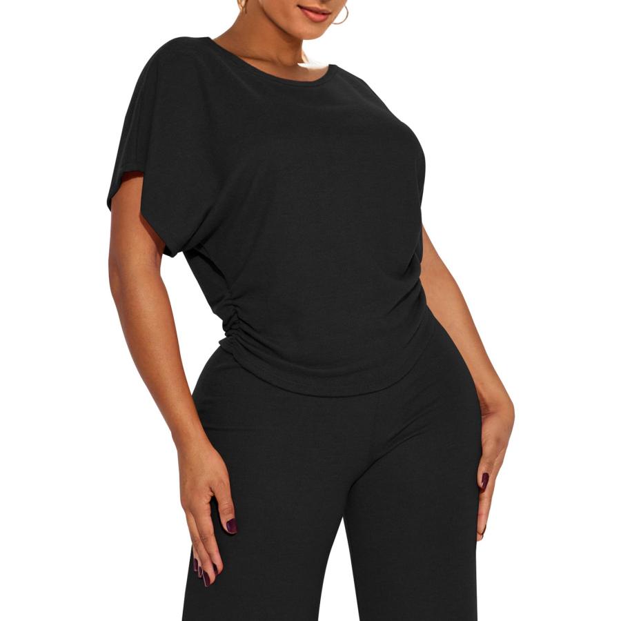 【並行輸入品】Ekaliy Women's 2 Piece Outfits Batwing Crop Top Wide Leg Pants M