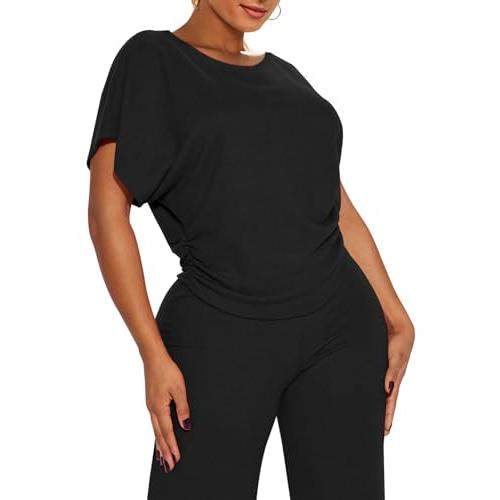 【並行輸入品】Ekaliy Women's 2 Piece Outfits Batwing Crop Top Wide Leg Pants M