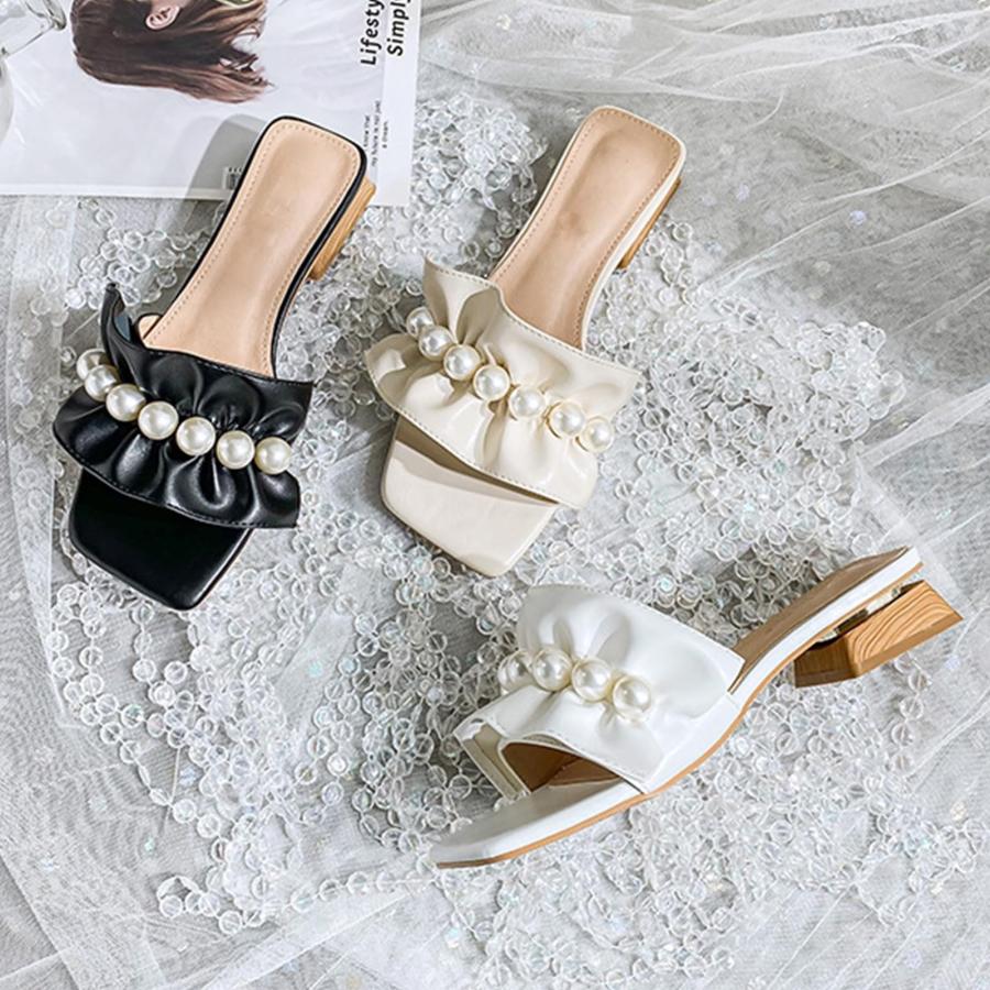 【並行輸入品】Galonfulty Women's Pearl Strap Low Heel Sandals Summer Fashion Sの画像