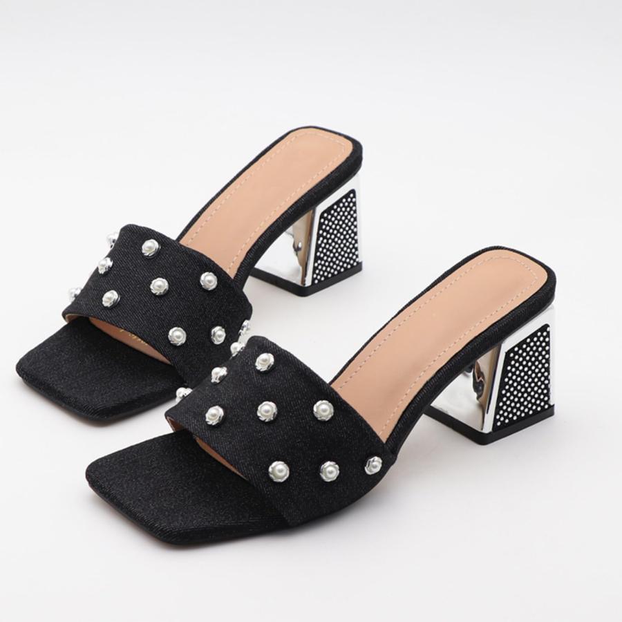 【並行輸入品】NEUUGO Women'S Luxury Denim Low Block Heeled Slides Sandals Withの画像