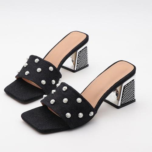 【並行輸入品】NEUUGO Women'S Luxury Denim Low Block Heeled Slides Sandals Withの画像