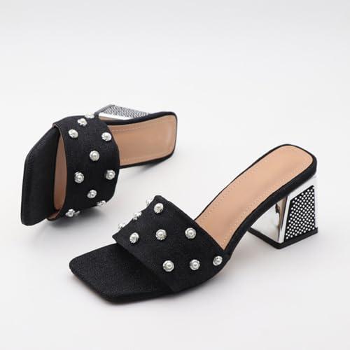 【並行輸入品】NEUUGO Women'S Luxury Denim Low Block Heeled Slides Sandals Withの画像